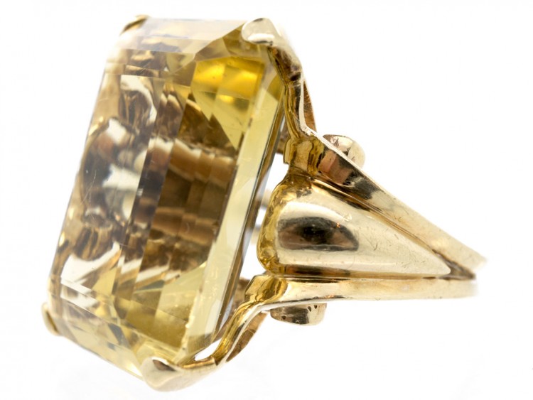 Large 14ct Gold Rectangular Retro Citrine Ring