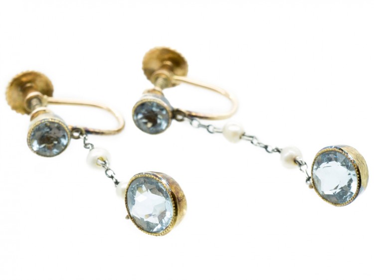 Edwardian Aquamarine & Natural Pearl Drop Earrings