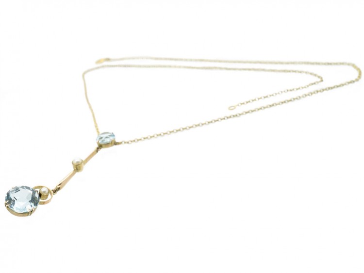 Art Deco Aquamarine ​& Pearl Pendant in Original Case