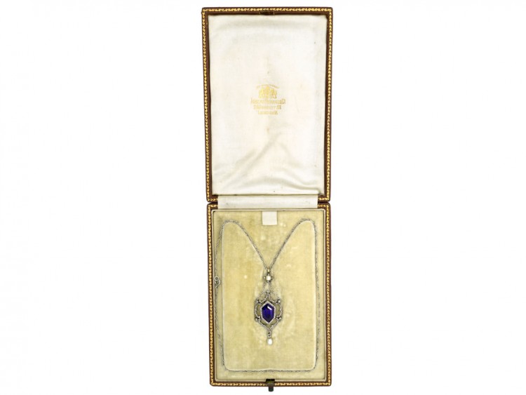 Edwardian Amethyst Diamond & Pearl Platinum Necklace in Original Case
