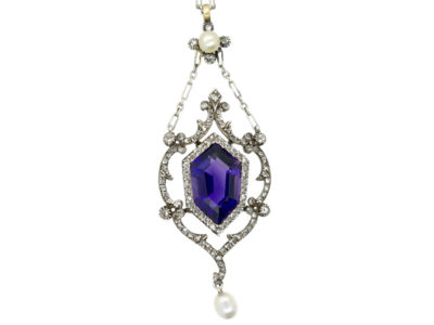 Edwardian Amethyst Diamond & Pearl Platinum Necklace in Original Case