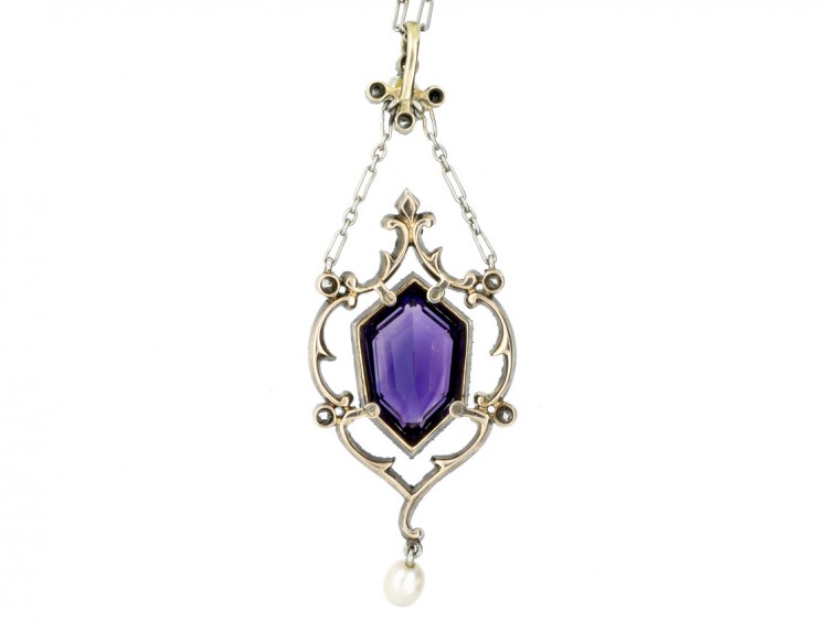 Edwardian Amethyst Diamond & Pearl Platinum Necklace in Original Case