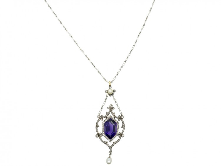 Edwardian Amethyst Diamond & Pearl Platinum Necklace in Original Case
