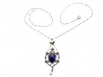 Edwardian Amethyst Diamond & Pearl Platinum Necklace in Original Case