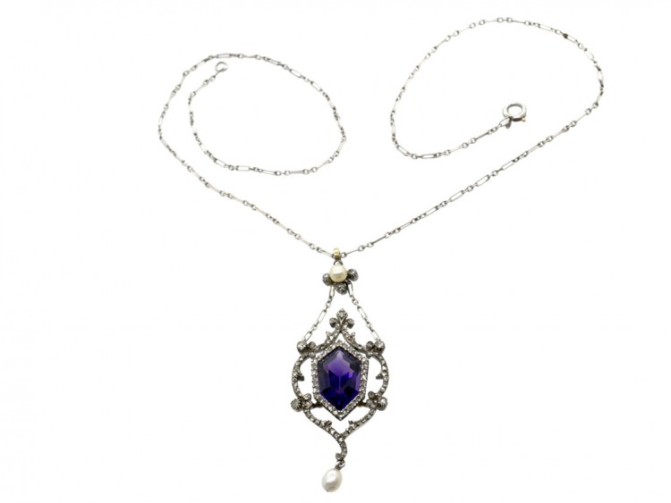 Edwardian Amethyst Diamond & Pearl Platinum Necklace in Original Case