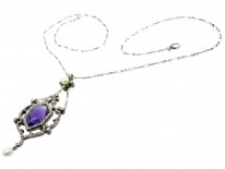 Edwardian Amethyst Diamond & Pearl Platinum Necklace in Original Case
