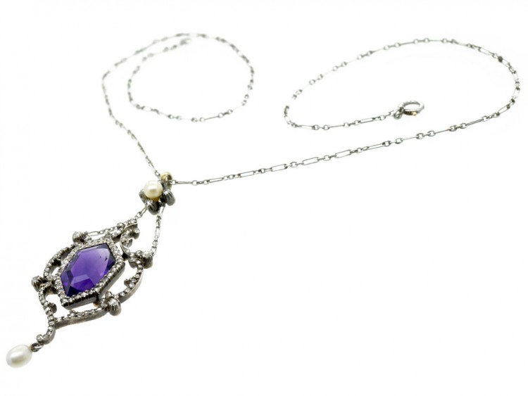 Edwardian Amethyst Diamond & Pearl Platinum Necklace in Original Case