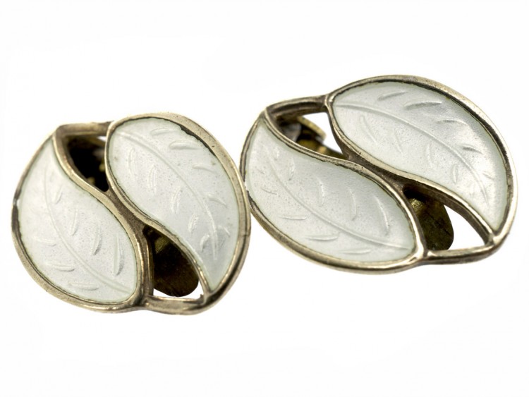 Silver & White Enamel Leaf Earrings by Willy Winnaes for David Andersen