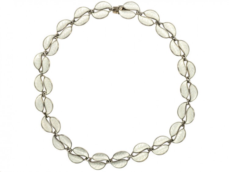 Silver ​& White Enamel Leaf Necklace by Willy Winnaes for David Andersen