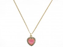 Edwardian 15ct Gold Pink Enamel & Rose Diamond Heart Shaped Pendant on Original Chain