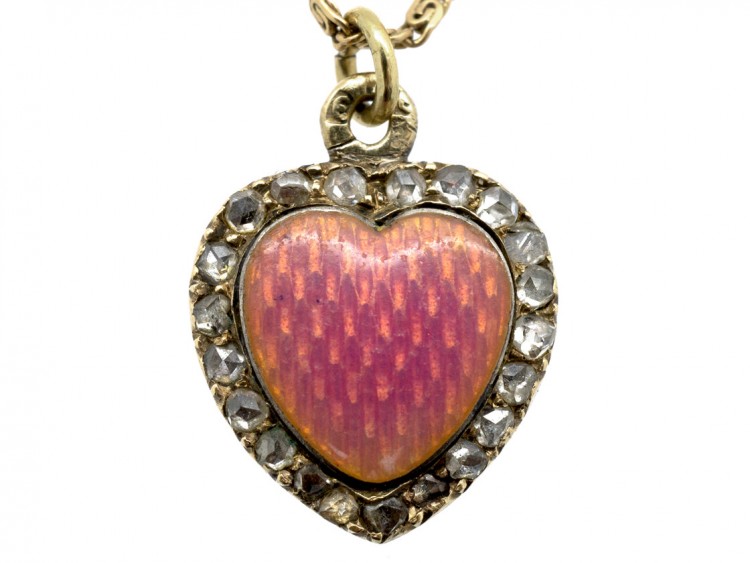 Edwardian 15ct Gold Pink Enamel & Rose Diamond Heart Shaped Pendant on Original Chain
