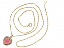 Edwardian 15ct Gold Pink Enamel & Rose Diamond Heart Shaped Pendant on Original Chain