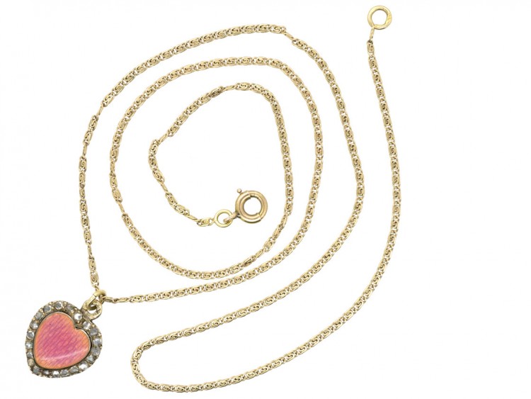 Edwardian 15ct Gold Pink Enamel & Rose Diamond Heart Shaped Pendant on Original Chain