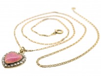 Edwardian 15ct Gold Pink Enamel & Rose Diamond Heart Shaped Pendant on Original Chain