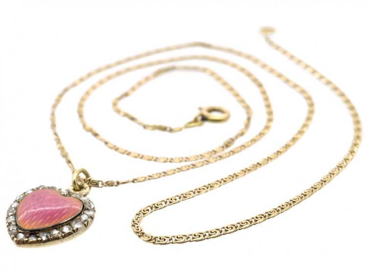 Edwardian 15ct Gold Pink Enamel & Rose Diamond Heart Shaped Pendant on Original Chain