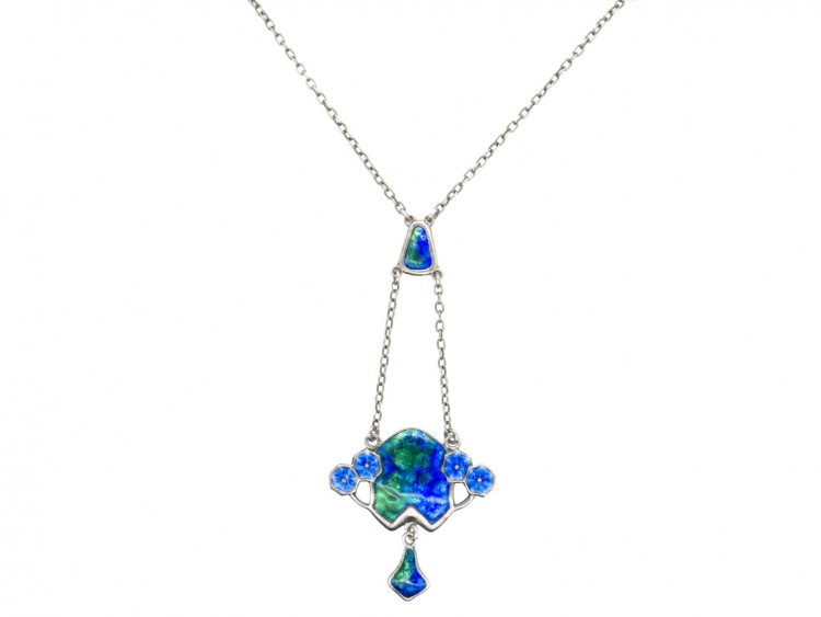 Art Nouveau Silver & Enamel Pendant on Chain by Charles Horner