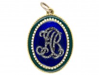 Georgian Gold Blue White & Green Enamel Pendant with Diamond Set Initials A B