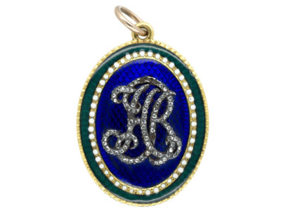 Georgian Gold Blue White & Green Enamel Pendant with Diamond Set Initials A B