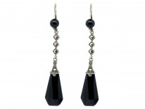 Art Deco Silver, Black Glass & Marcasite Drop Earrings
