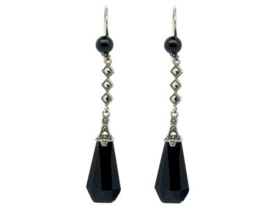 Art Deco Silver, Black Glass & Marcasite Drop Earrings