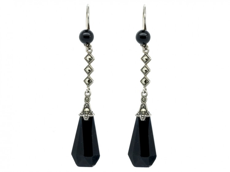 Art Deco Silver, Black Glass & Marcasite Drop Earrings