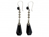 Art Deco Silver, Black Glass & Marcasite Drop Earrings