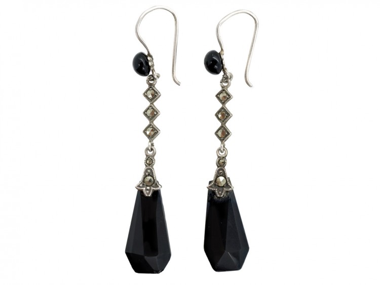 Art Deco Silver, Black Glass & Marcasite Drop Earrings