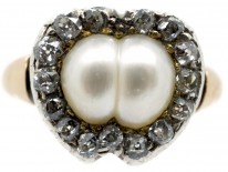 Victorian 18ct Gold Heart Shaped Ring Set with Diamonds & Natural Double Heart Shaped Pearl
