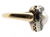Victorian 18ct Gold Heart Shaped Ring Set with Diamonds & Natural Double Heart Shaped Pearl