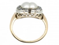 Victorian 18ct Gold Heart Shaped Ring Set with Diamonds & Natural Double Heart Shaped Pearl