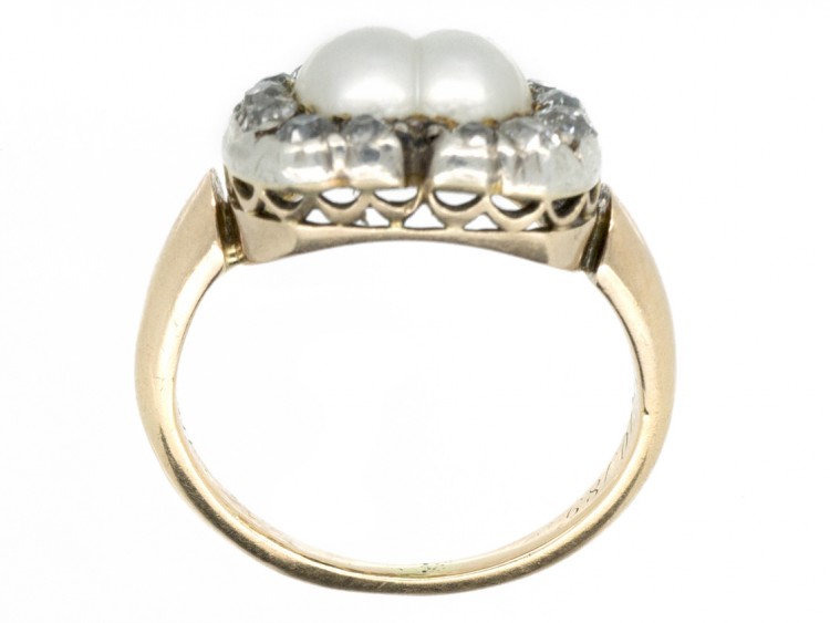 Victorian 18ct Gold Heart Shaped Ring Set with Diamonds & Natural Double Heart Shaped Pearl