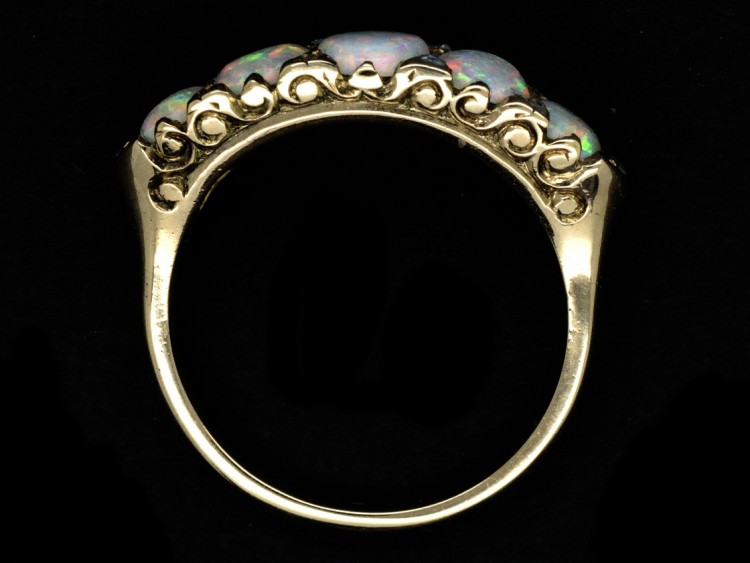 Victorian 18ct Gold Opal & Diamond Five Stone Carved Hoop Ring
