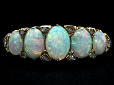 Victorian 18ct Gold Opal & Diamond Five Stone Carved Hoop Ring