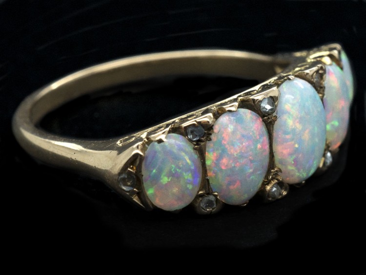 Victorian 18ct Gold Opal & Diamond Five Stone Carved Hoop Ring