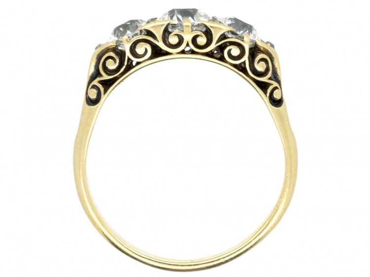 Victorian 18ct Gold Three Stone Diamond Carved Half Hoop Ring
