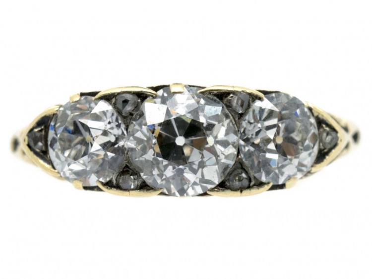 Victorian 18ct Gold Three Stone Diamond Carved Half Hoop Ring