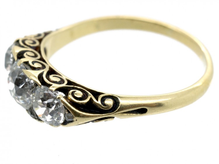 Victorian 18ct Gold Three Stone Diamond Carved Half Hoop Ring