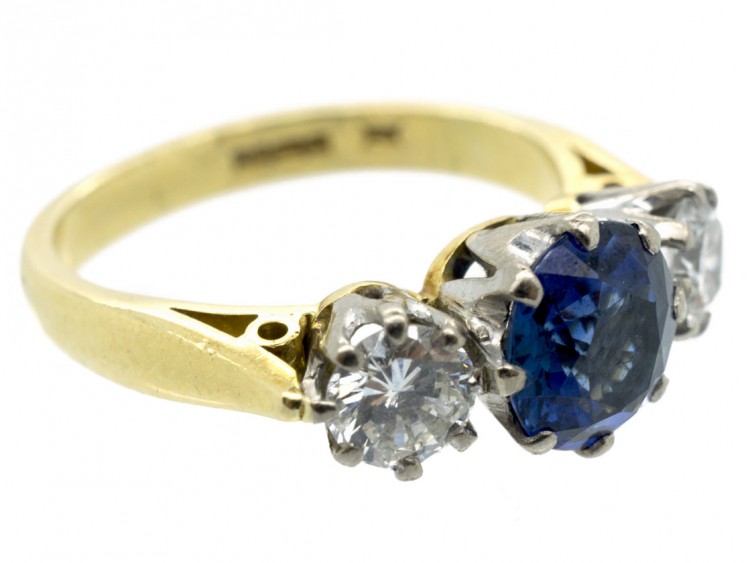 Natural Ceylon Sapphire & Diamond Three Stone Ring