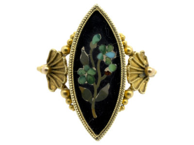 Victorian 18ct Gold Pietra Dura Forget Me Not Marquise Ring