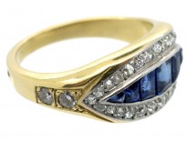 18ct Gold French Art Deco Sapphire & Diamond Boat Shaped Ring