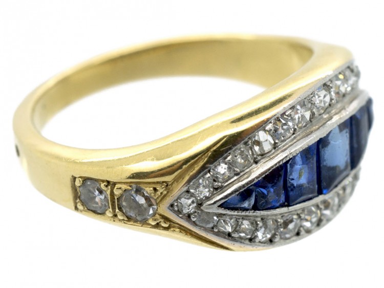 18ct Gold French Art Deco Sapphire & Diamond Boat Shaped Ring