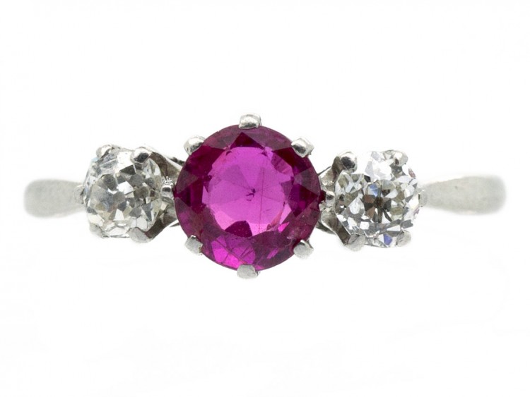 Art Deco Ruby & Diamond Three Stone Platinum Ring