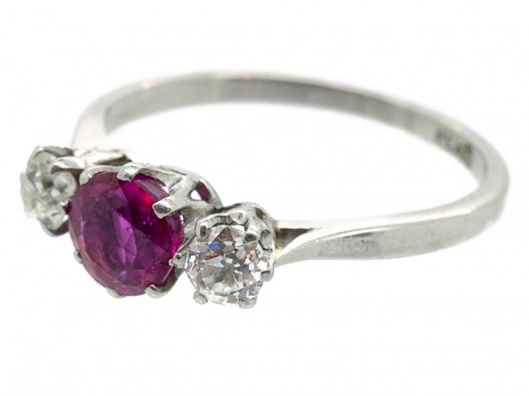 Art Deco Ruby & Diamond Three Stone Platinum Ring