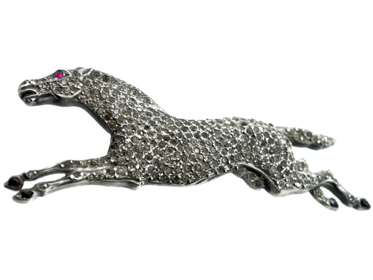 French Silver, Enamel & Paste Brooch of a Galloping Horse