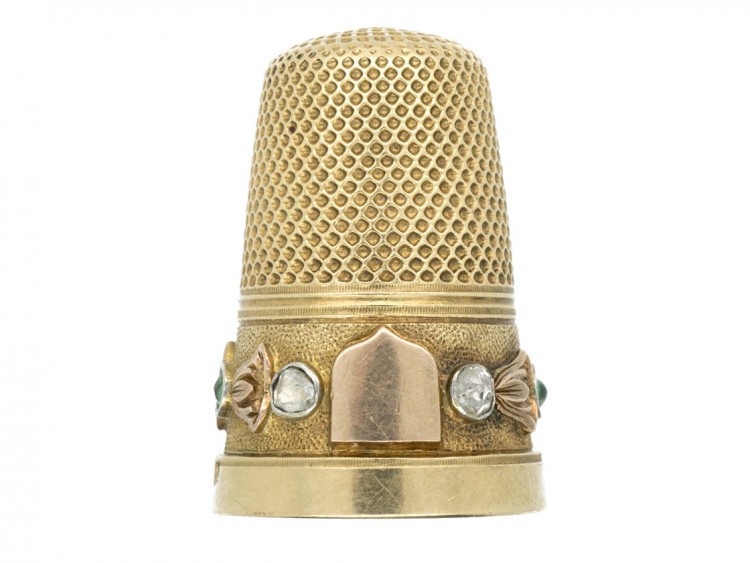 Victorian 15ct Three Colour Gold Thimble set with Emeralds & Rose Diamonds