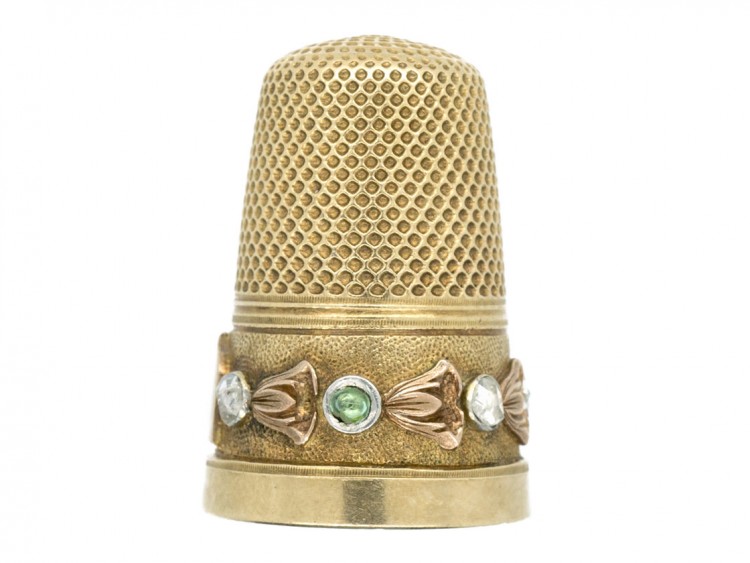 Victorian 15ct Three Colour Gold Thimble set with Emeralds & Rose Diamonds