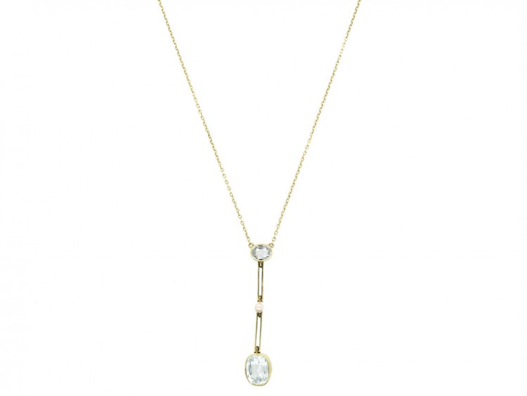 15ct Gold Art Deco Aquamarine & Natural Pearl Pendant on Chain