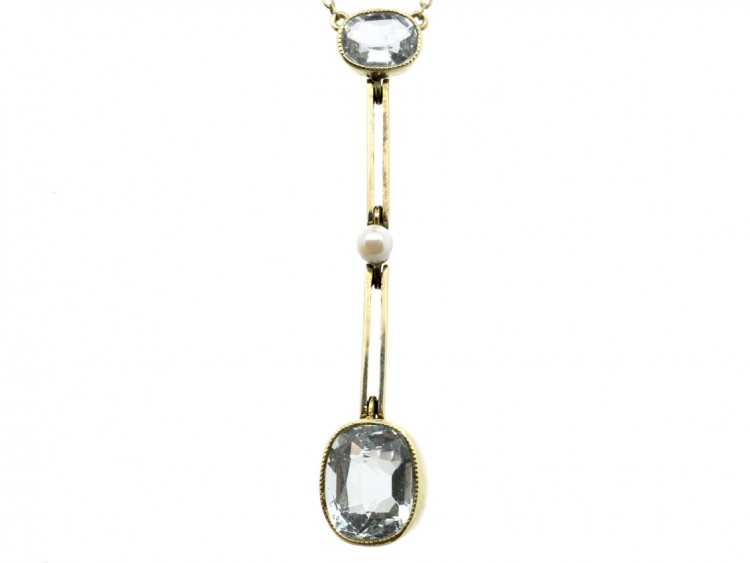 15ct Gold Art Deco Aquamarine & Natural Pearl Pendant on Chain