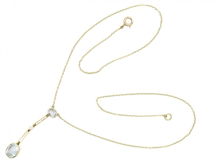 15ct Gold Art Deco Aquamarine & Natural Pearl Pendant on Chain