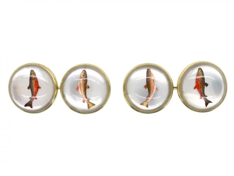14ct Gold Rock Crystal Intaglio Cufflinks of Salmon & Trout